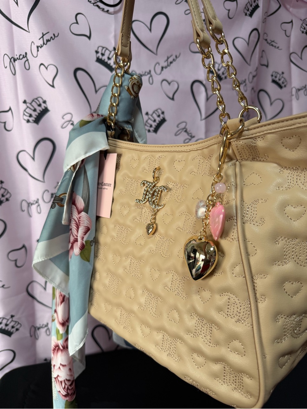Juicy Couture Cream Heart-Embossed Tote with Gold Charm